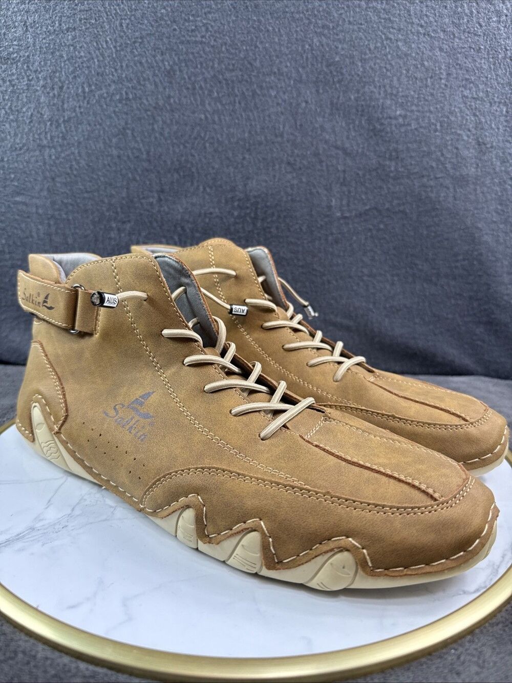 Salkin Mens Brown Leather Barefoot Shoes Lace Up Casual Walking Sneakers Sz 11.5